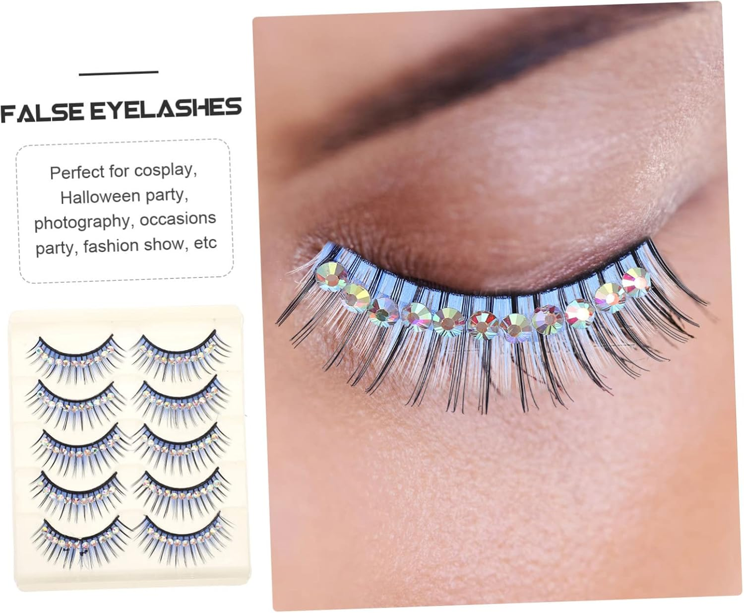 5 Pairs Blue Rhinestone Drama Stage False Eyelashes Dense Thick Costume Lashes for Women Latin Dance Party Makeup - Blue image number 6