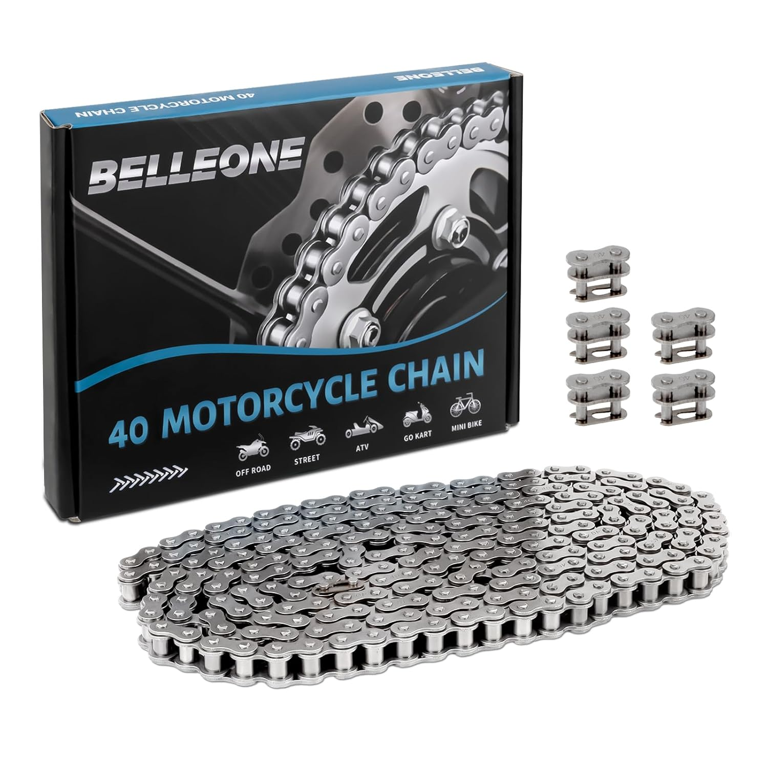 Belleone #40 Roller Chain - 10 Feet #40 Chain with 5 Connecting Links for Go Karts, Mini Bikes, Scooters, Motorcycles, Bycicles, ATV, MTV, Dirt Bike and Other Industrial Machinery - 240 Links image number 1
