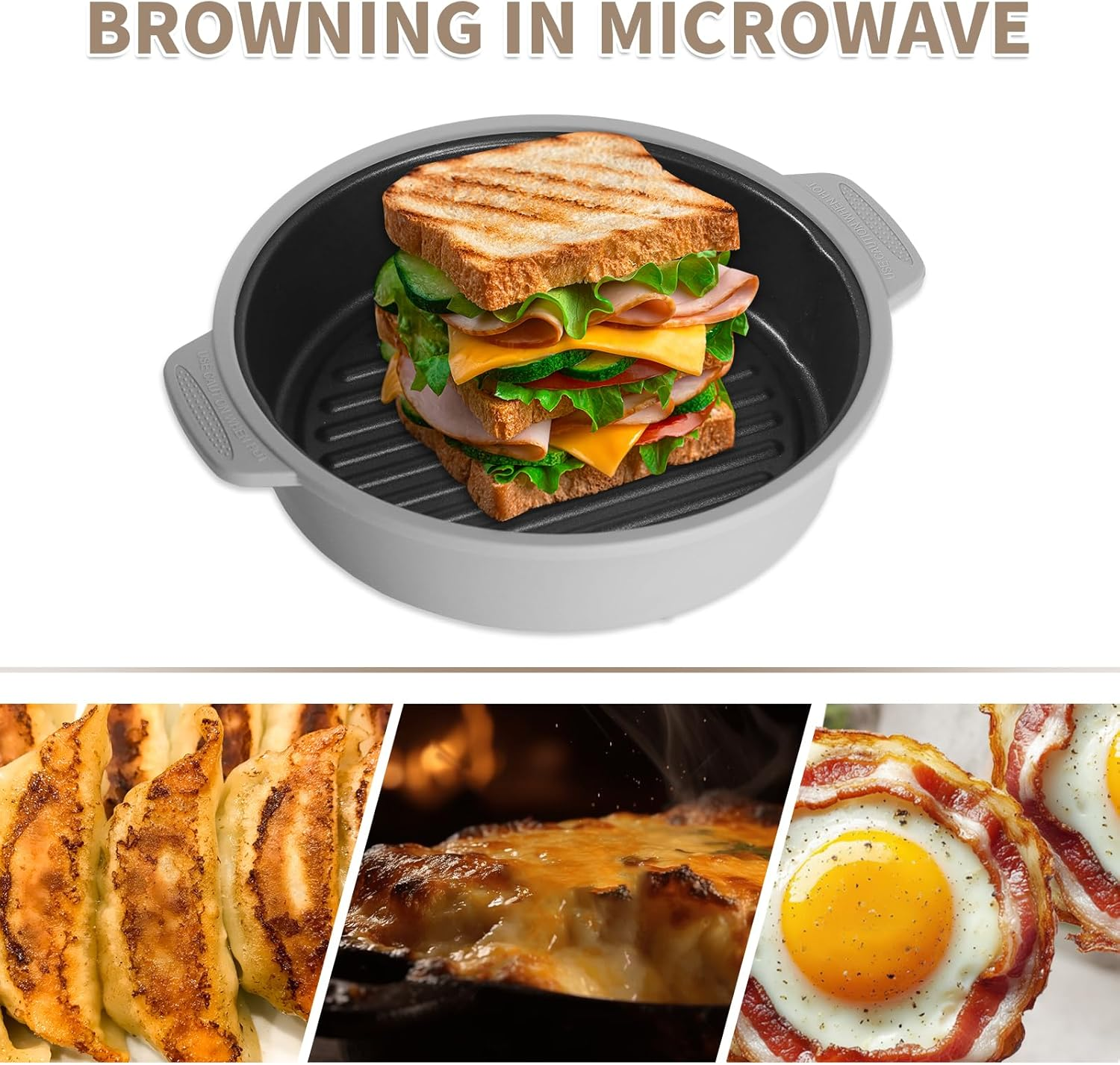 GLOU-GLOU GOOSE GGG Microwave Grill Pan, 8-In-1, Fry Griddle Crisper Pan with Lid, Microwave Silicone Cookware, for Grilling Browning and Crisping Foods, Time-Saving, Easy, Safe, round （Red） - Light Grey image number 7