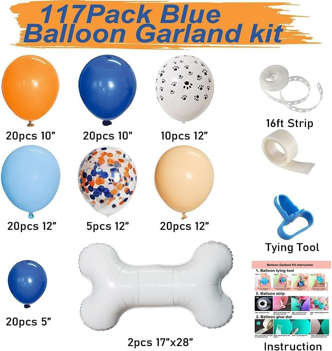 WODJR 117Pcs Dog Paw Balloon Garland Dog Paw Party Decorations Blue Orange Balloon Garland Puppy Balloon Garland Bone Balloon Paw Balloons Blue Orange Balloons for Paw Dog Puppy Party Supplies image number 1