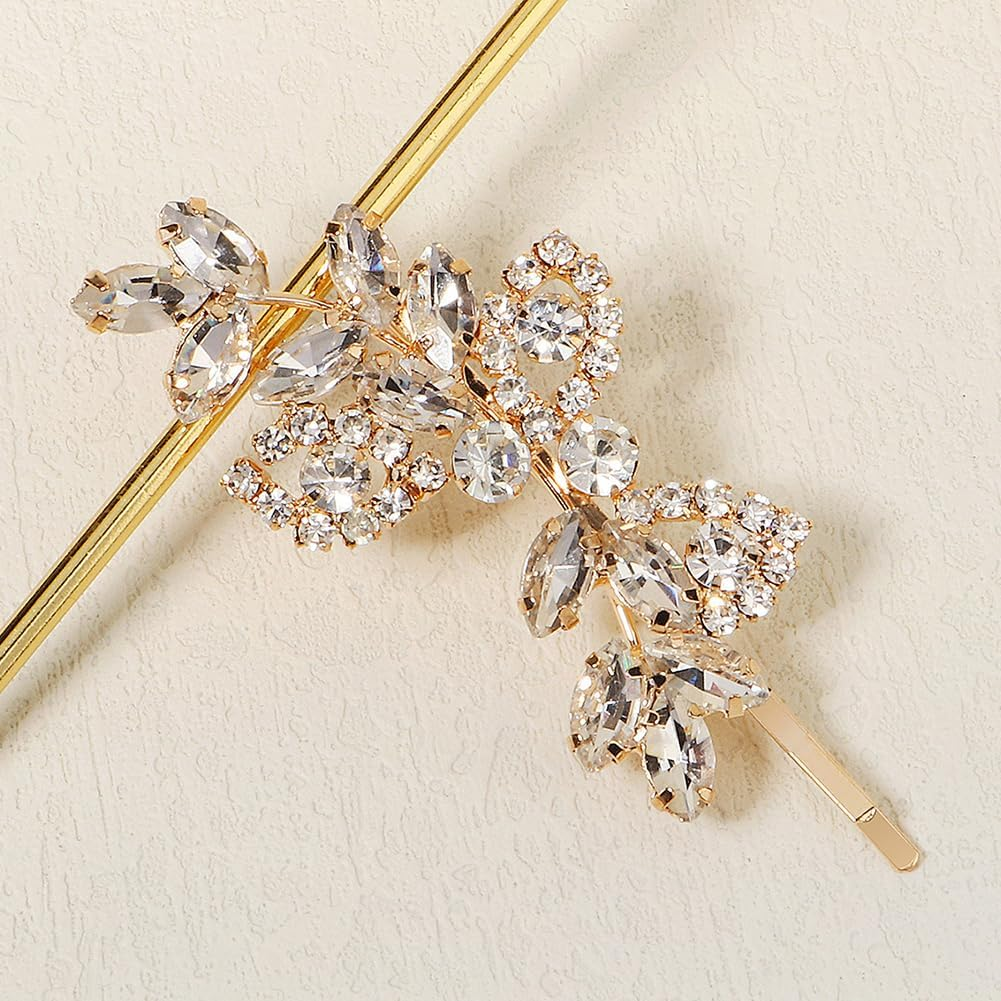 Bridal Hair Clips with Rhinestones Elegant Crystal Hair Pins Bridesmaid Hair Clips Wedding Leaf Flowers Hair Accessories for Women and Girls Rose Gold image number 1