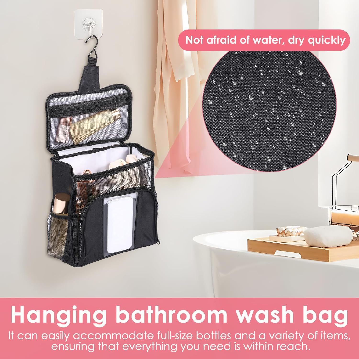 Awobepl Hanging Travel Toiletry Bag, Waterproof Oxford Fabric Toiletry Organizer, Portable Breathable Makeup Bag for Bathroom Camping Trip (Black) - Black image number 4