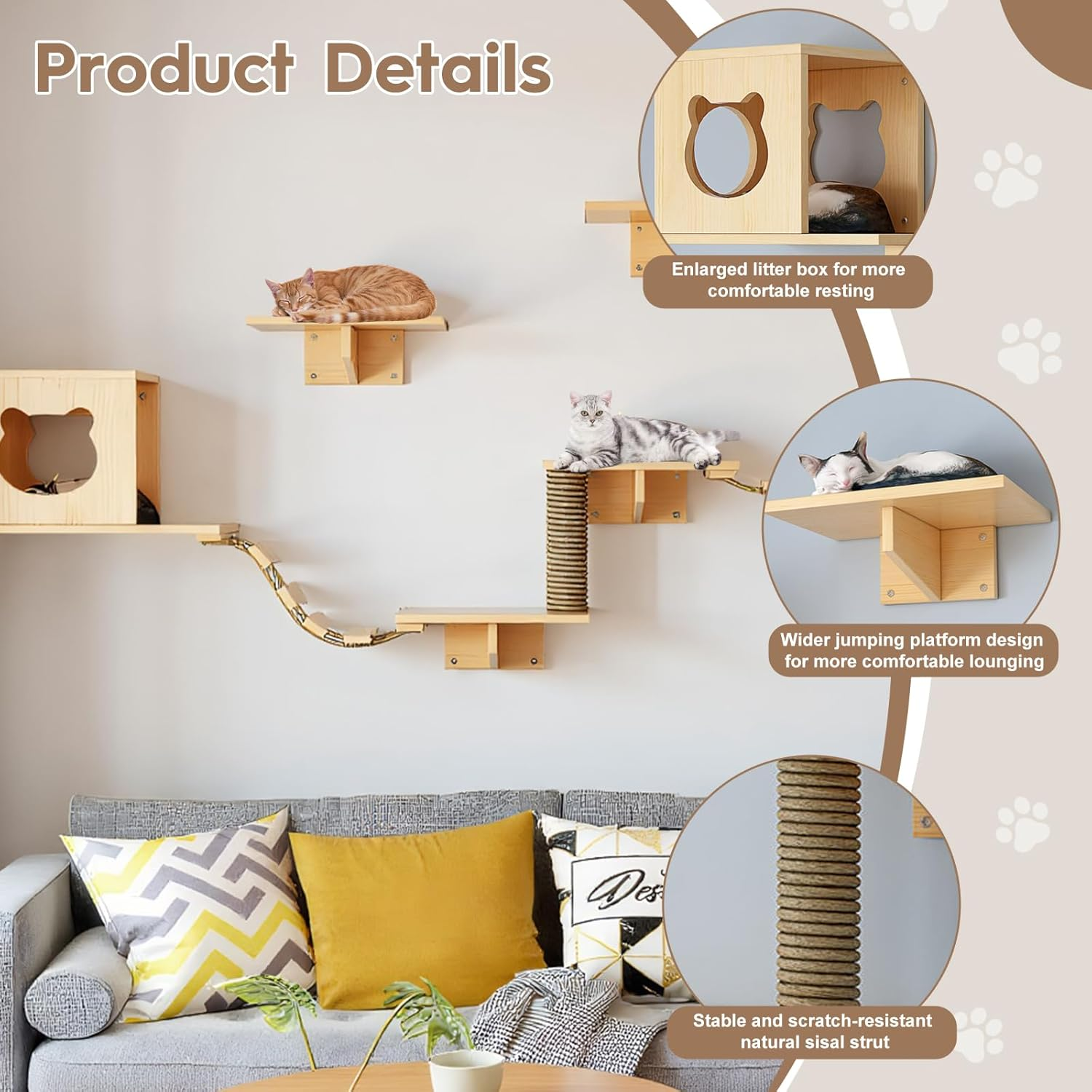 HOOMFIT Cat Wall Shelve, Wooden Climbing Furniture for Cats, Wall Mount with 2 Shelves, 2 Houses, 2 Ladders & 1 Scratching Posts - Wall Mounted (7Pcs) image number 1