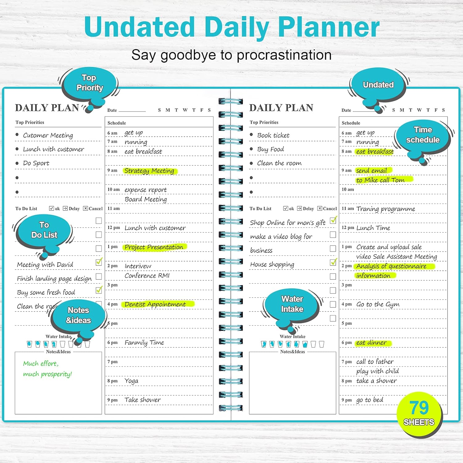 Daily Planner Undated, Asten to Do List Notebook Hourly Schedules Spiral Appointment Planner for Men and Women,Pvc Hardcover,Elastic Closure, Inner Pocket 8.3" X 5.8" (Blue) image number 4
