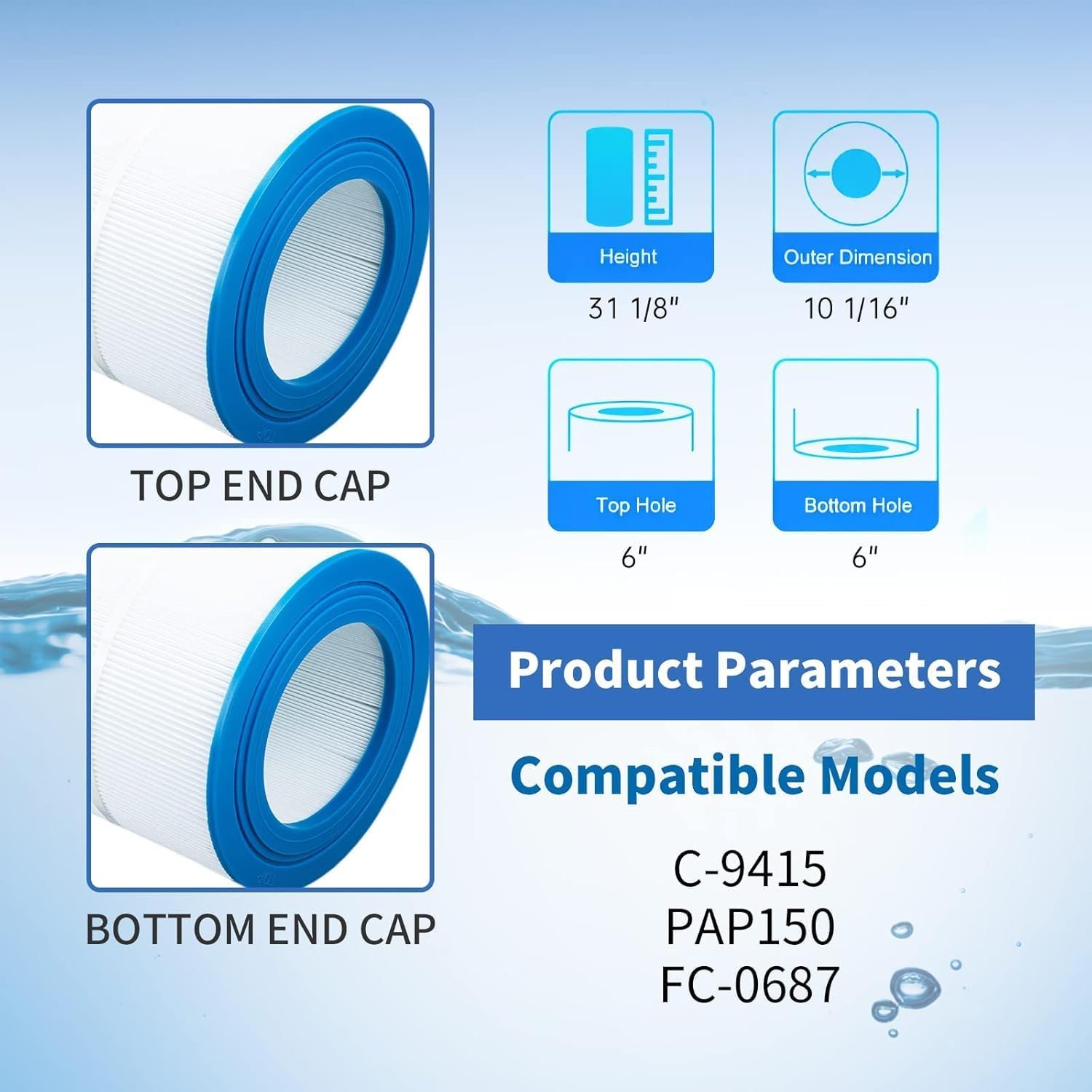 PAP150 Pool Filter Cartridge Replaces Cc150,Ccrp150,Ultral-C4,Pp-C4,Pp-C4-M,C-9415,R173216,59054300,Filbur FC-0687,160317,160355,160352，L X OD: 31 1/8" X10 1/16",150 Sq. Ft.(1 Pack) image number 2