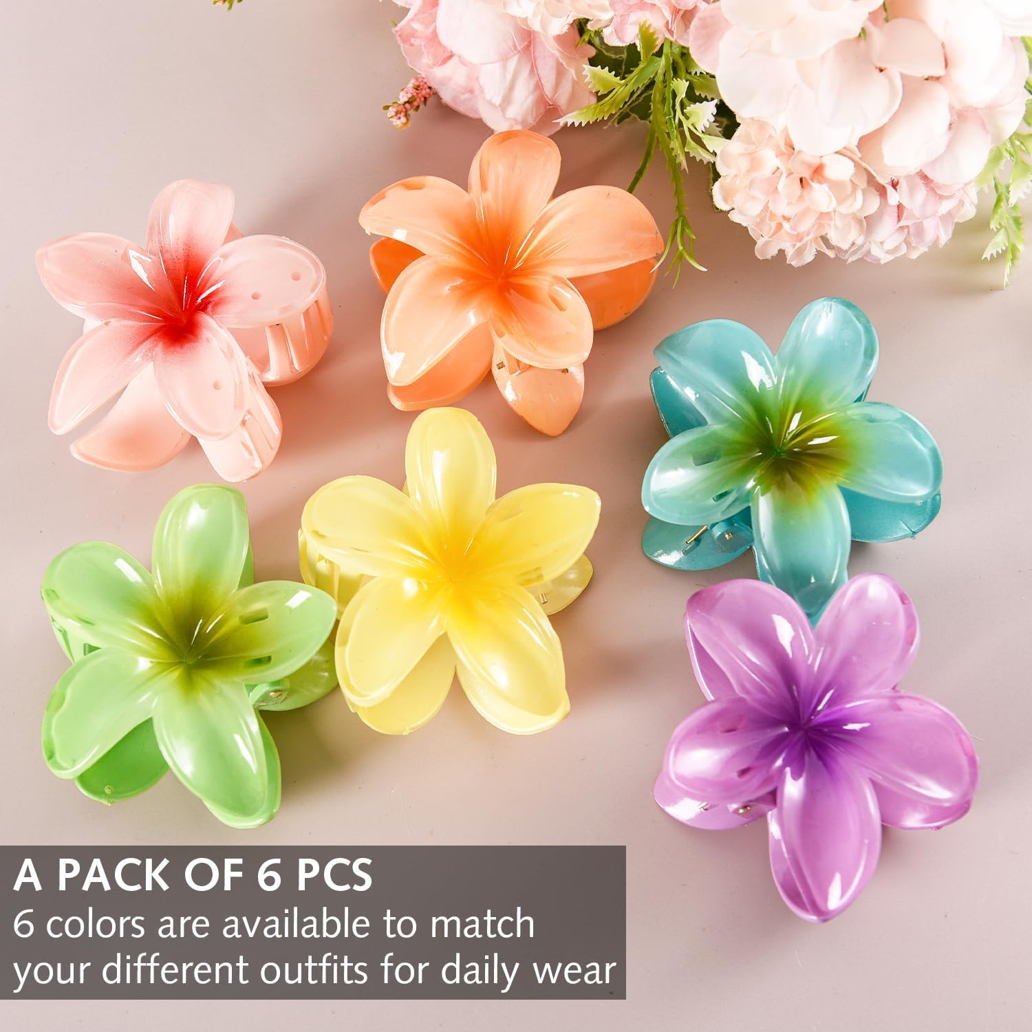 6 Colored Flower Hair Clips, Large Hawaiian Flower Barrette, Cute Hair Clips, Flower Hair Clip for Thick/Thin Hair, Gift Hair Accessories for Women image number 2