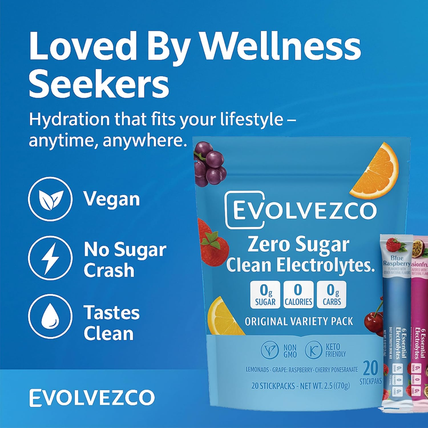 Electrolyte Drink Mix &ndash; Sugar-Free Hydration Powder with 6 Electrolytes + Vitamin C & Zinc &ndash; Vegan &middot; Non-Gmo &middot; Keto-Friendly &ndash; Original Variety Pack (20 Stickpacks) image number 6