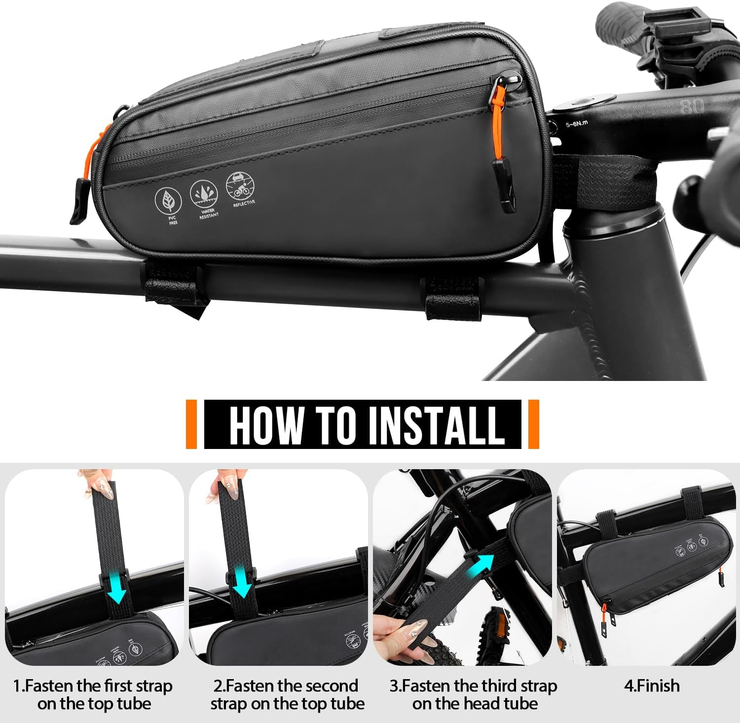 WOTOW Bike Frame Bag, Waterproof Bike Triangle Bag with Two Side Pockets, Reflective Bicycle Top Tube Phone Storage Pouch for Road Mountain Bike Cycling Travel （1.2L） image number 3