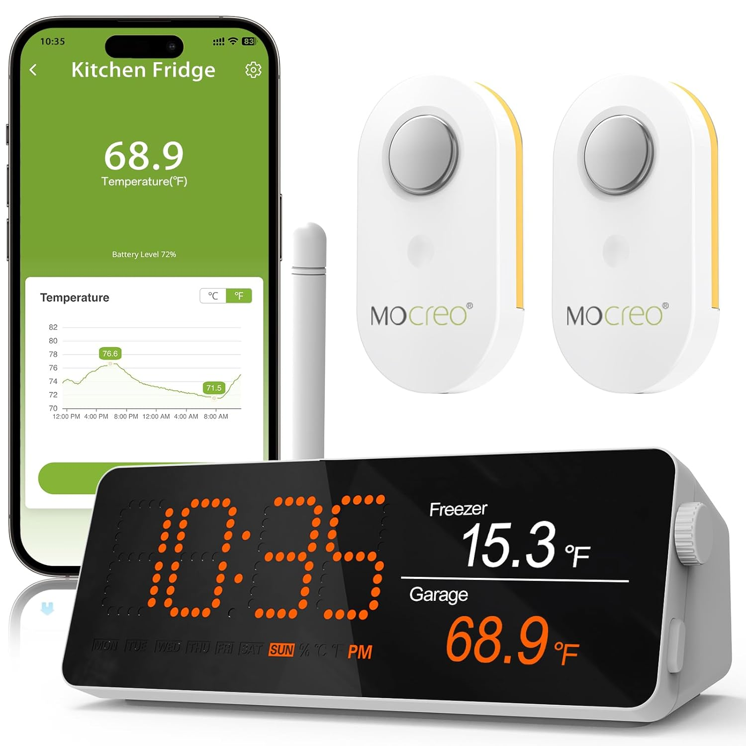 MOCREO Wifi Remote Thermometer Freezer Alarm, 1/3 Mile Long Range, IP66 Waterproof, App Email Alert, with Digital Monitor Hub, 2 Smart Wireless Temperature Sensors for Fridge, RV, Greenhouse image number 3