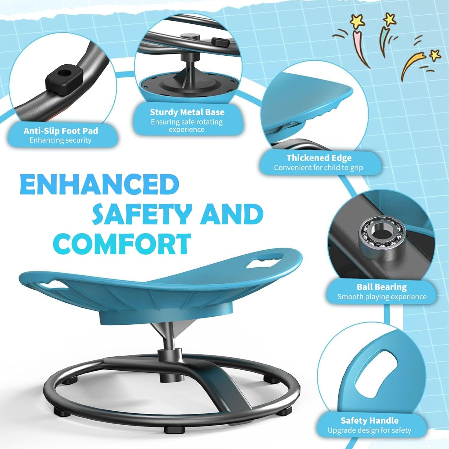 Sensory Swivel Chair for Children, Sensory Spinning Chair for Autistic Kids with Grips (Blue)