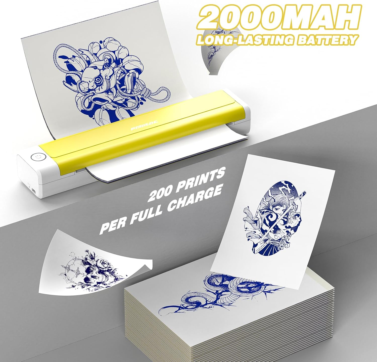 Padieoe Tattoo Stencil Printer with 10Pcs Transfer Paper - Bluetooth, Wireless, 2000Mah - Portable Thermal Printer Machine for Tattooist- 11.5X2.6X1.8In - Yellow image number 1