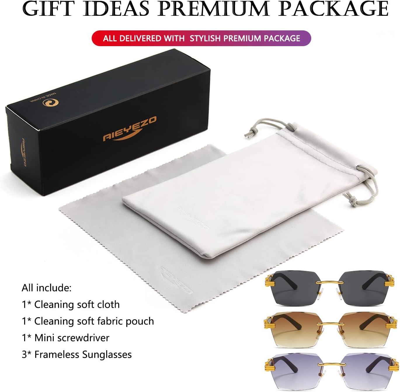 AIEYEZO Retro Rimless Sunglasses Rectangle Women Men Vintage Frameless Sun Glasses Fashion Frameless Square Tinted Glasses image number 5