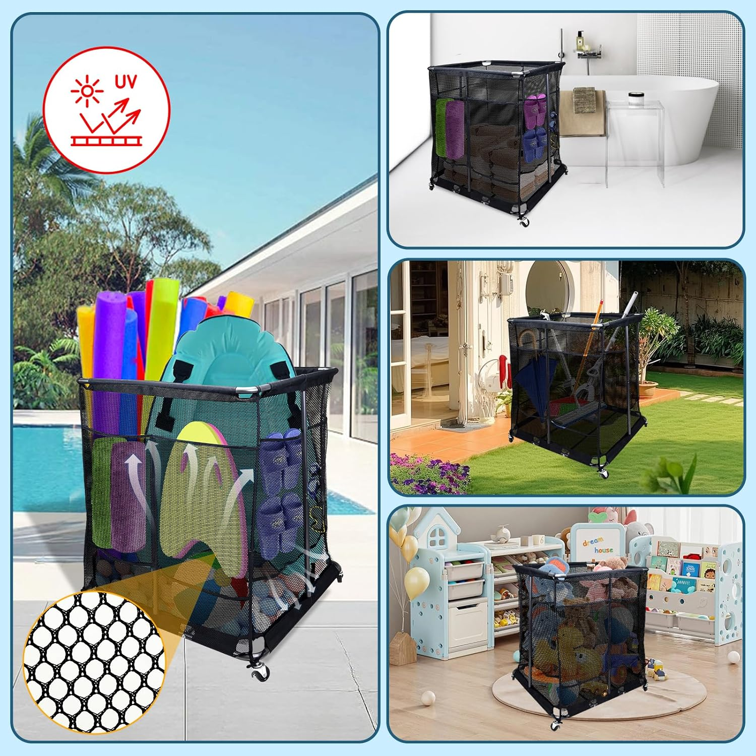 Pool Float Storage Organizer with 2 in 1 Mesh Storage Cover, XXL Nylon Mesh Pool Storage Bin Pool Float Toy Holder with Metal Frame and 360&deg; Wheel for Pool Noodles Toys Floats Balls Equipment (L) image number 3