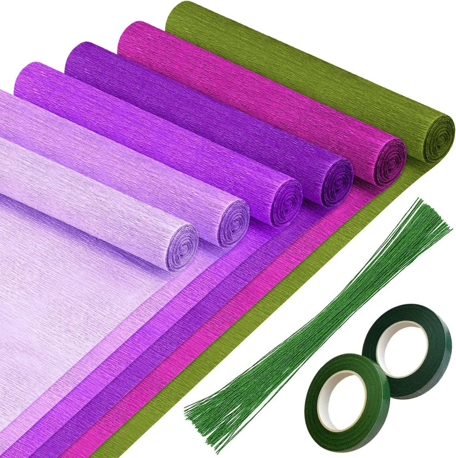 Crepe Paper 8 Rolls Wide Crepe Paper Streamers 10 Inch X 8 Feet Artificial Floral Arrangements DIY Flower Making Kits Green Floral Tape and Wire for Wedding Festival Party Decorations Craft Supplies