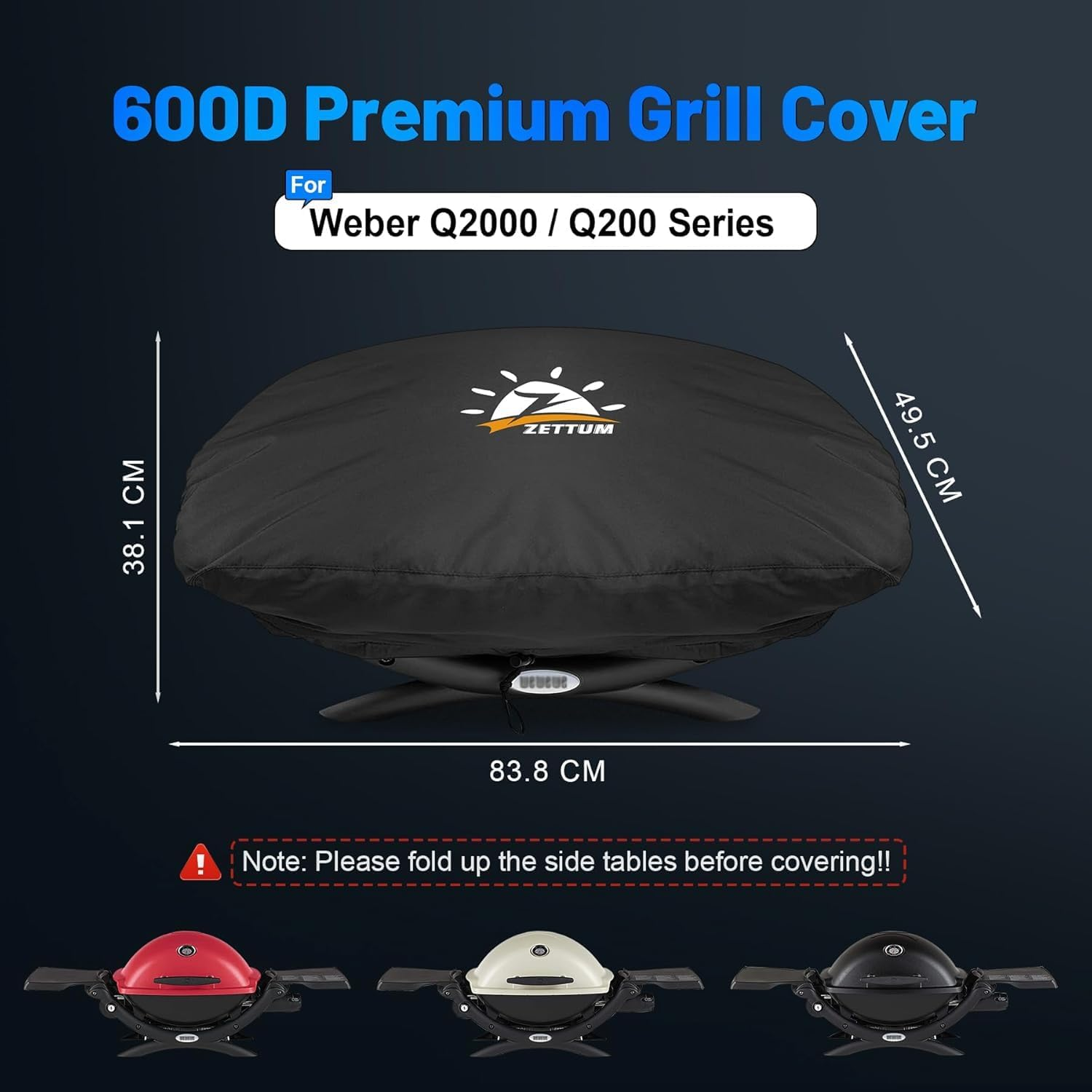 Zettum Grill Cover for Weber Q Series - 7111 BBQ Cover for Weber Q2000 and Q200 Series Gas Grill Heavy Duty & Waterproof, for Q2200, Q2000, Q2400, Q200, Q220 and More (83 L X 49 W X 38 H Cm) - Q3000  Q2000 On Cart image number 6