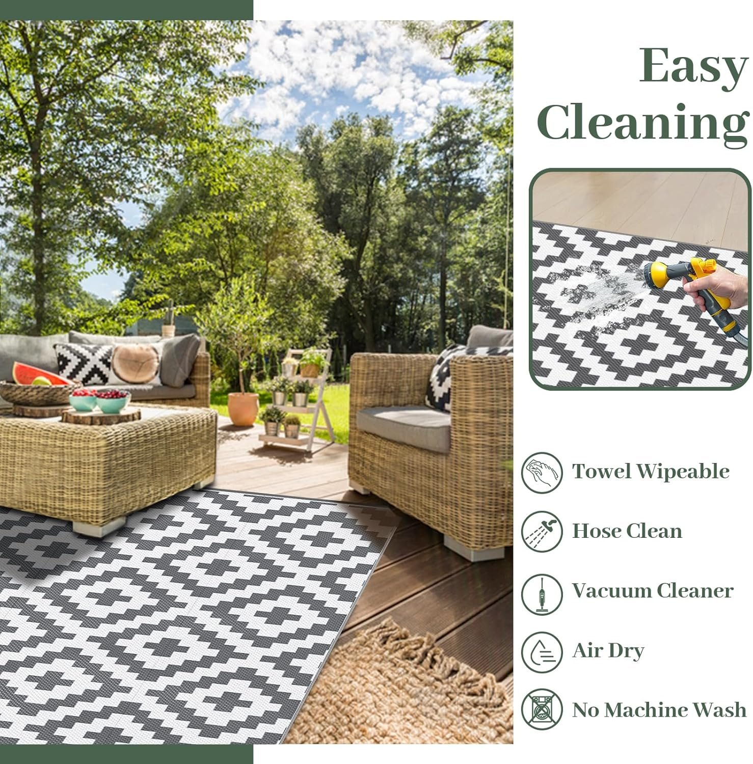 MOKANI Outdoor Rug for Patios Waterproof (150X240Cm), Anti-Slip Plastic Straw Garden Mat Carpet UV Resistant Indoor Area Rugs for Camping, Deck, Beach, Picnic, Backyard image number 5