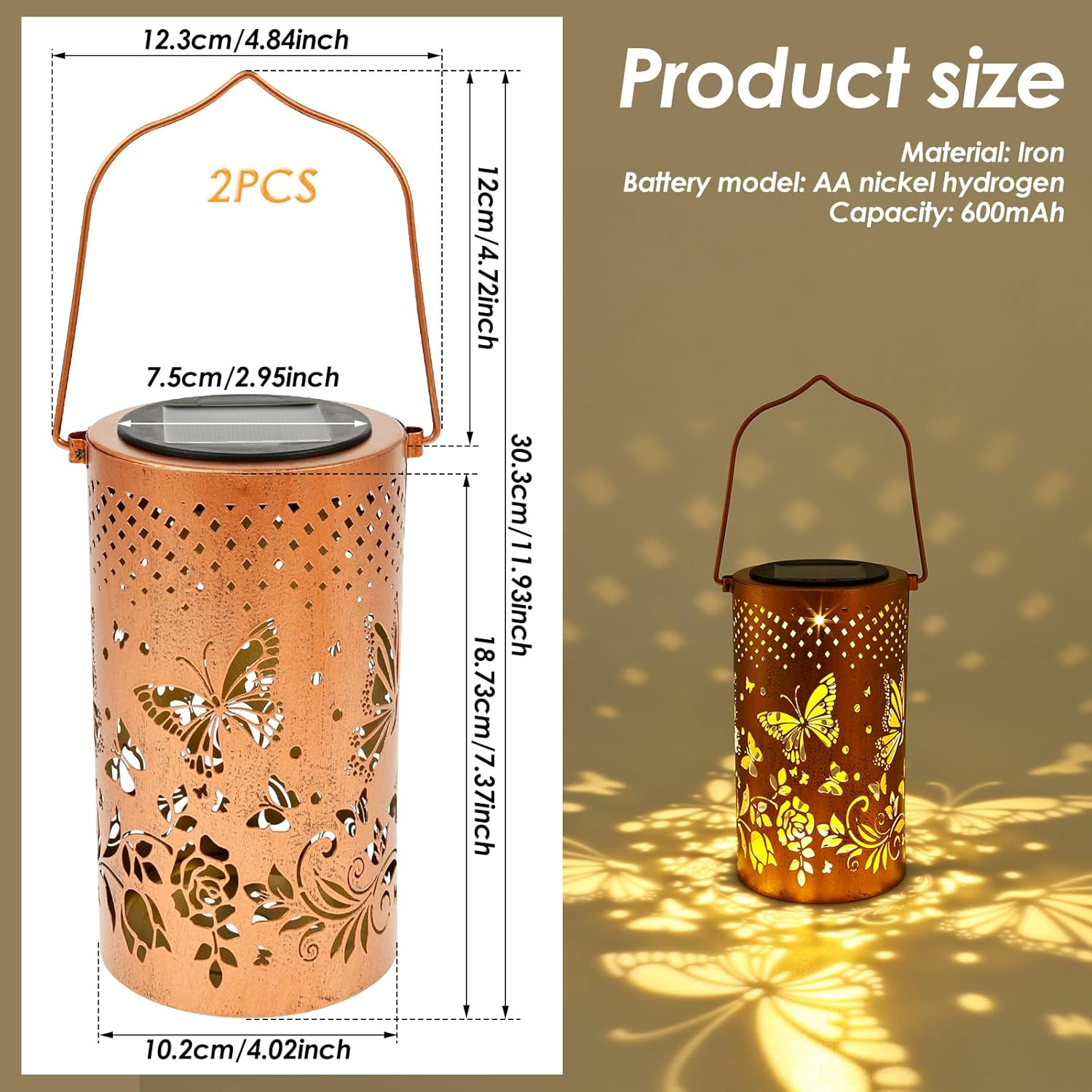 2Pcs Solar Lanterns, Outdoor Waterproof Hanging Solar Lights, Butterfly Hanging Lights, Birthday Gifts for Women Mom Grandma, Butterfly Garden Lanterns for Garden Yard Patio Porch (Style1)