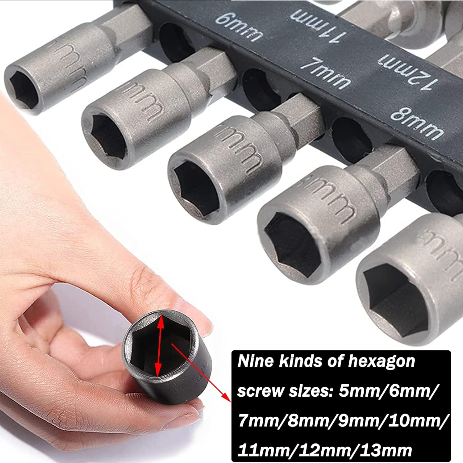 Behone 2 X 9 Socket Spanner Set Socket Bit Adapter 5 Mm - 13 Mm Tool Nuts Socket Nuts Magnetic Bit Adapter 1/4 Inch Hex Socket Nuts for Drill or Cordless Screwdriver image number 5