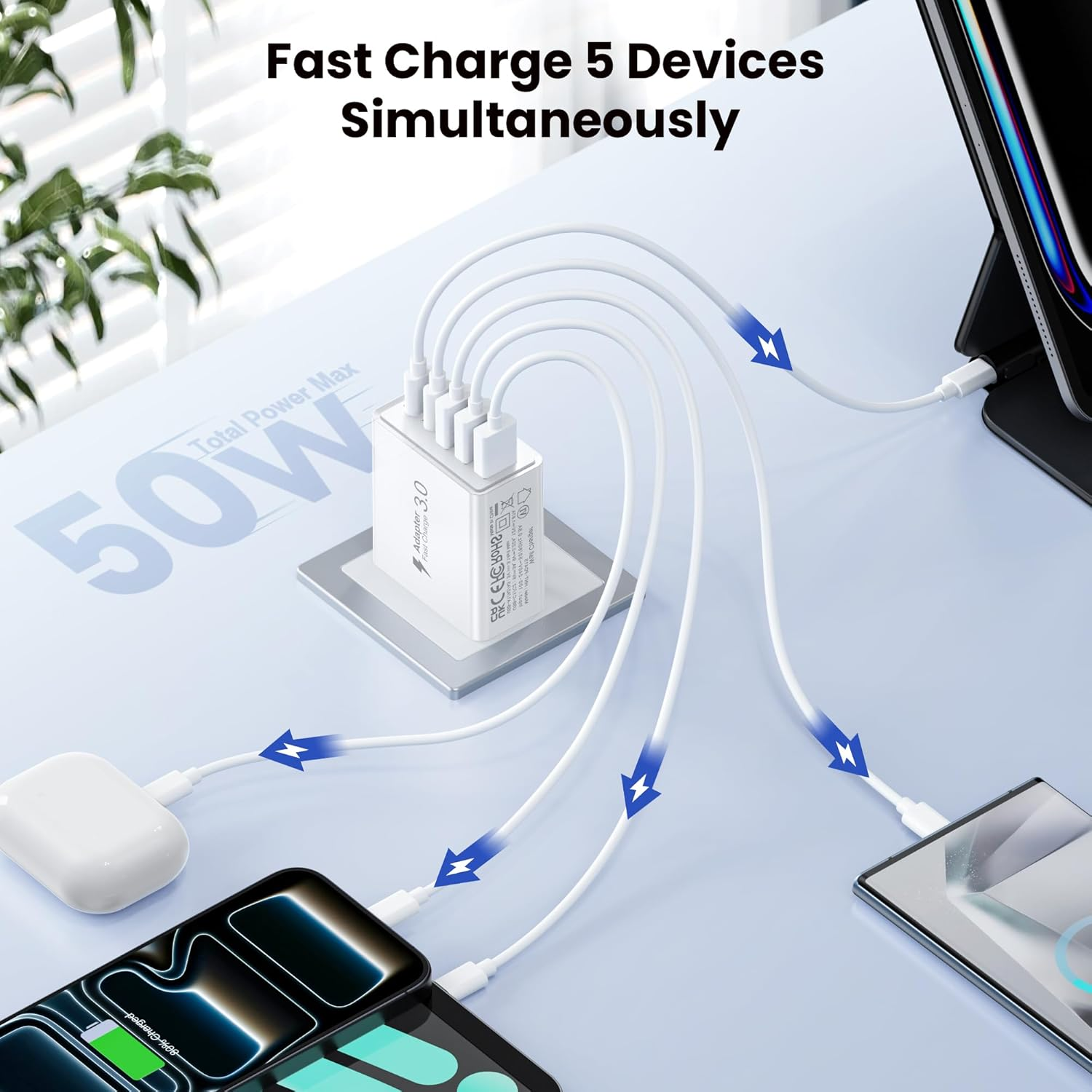 [2-Pack] USB C Wall Charger, 50W Fast USB C Charger Block, 5-Port PD Power Adapter + QC Wall Plug Multiport Type C Charging Block Cube Compatible with Iphone 17 16 15 14 13 12 Pro Max XR XS,HNT-PT415