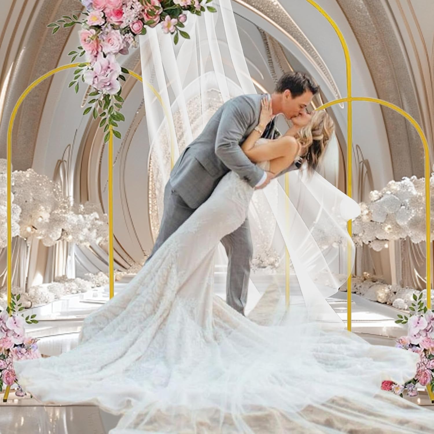 Metal Arch Backdrop Stand 7.2FT, 6.6FT, 6FT Set of 3 Gold Wedding Arch Stand with Stable Base,Balloon Backdrop Stand for Wedding Ceremony Birthday Party Bridal Baby Shower Banquet Decoration. image number 6