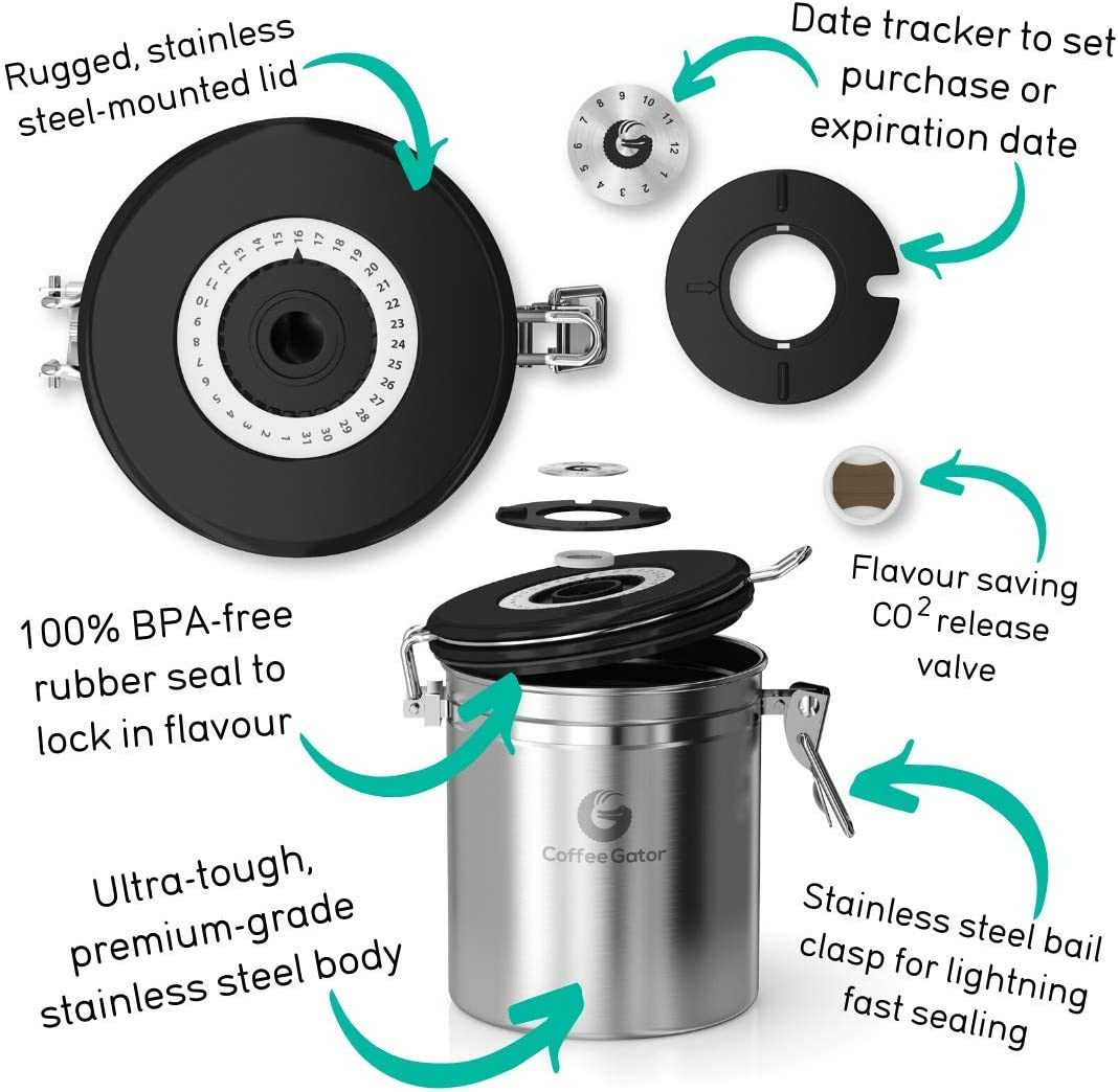 Coffee Gator Coffee Canister Airtight, 16Oz Stainless Steel and 4Oz Borosilicate Glass Travel Kitchen Food Storage Container with Date Tracker, Scoop for Beans, Ground, Sugar, Tea, Cookies Jars image number 6