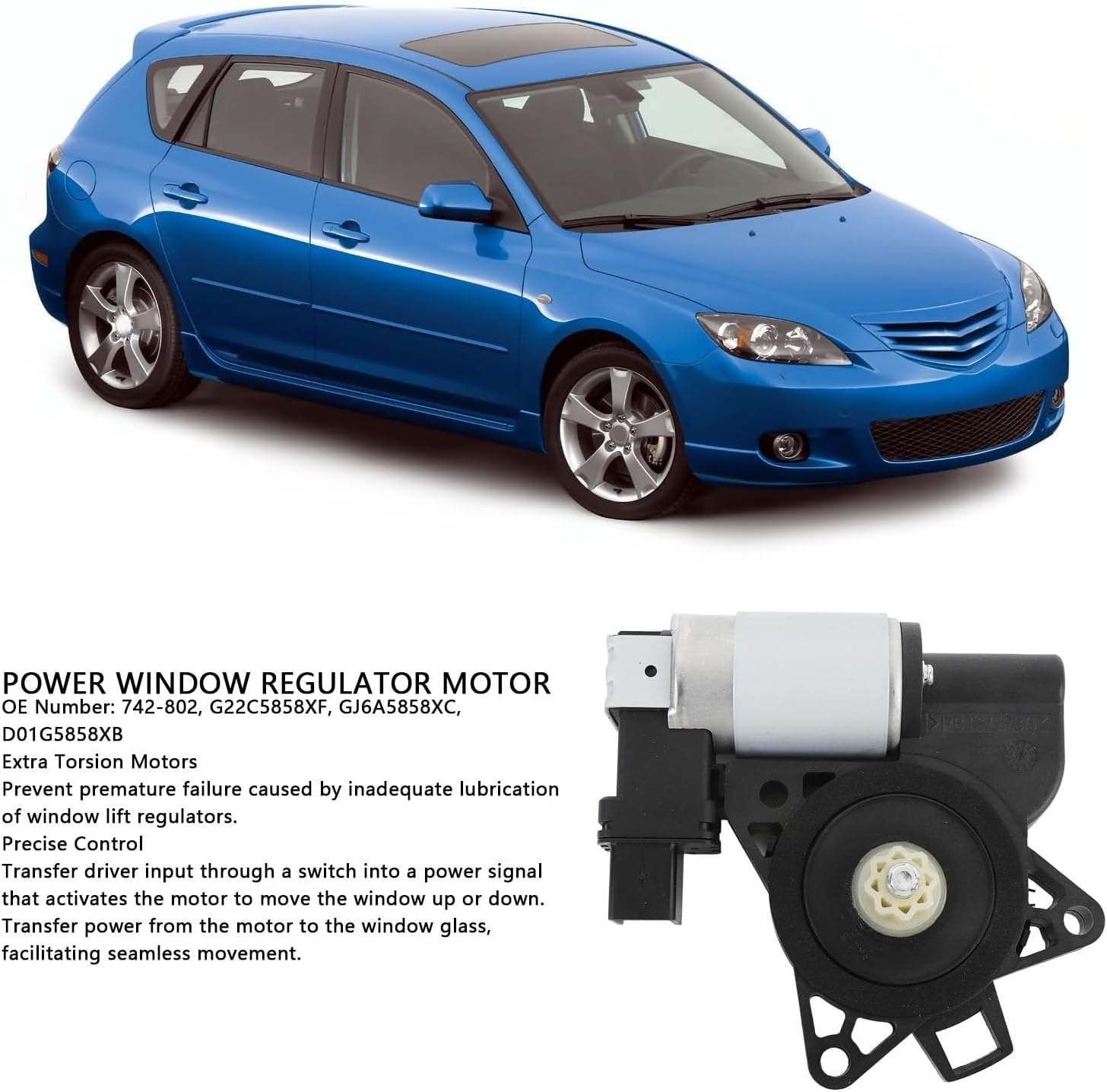 Power Window Lift Motor, Front Right Rear Left Driver Side Power Window Lift Regulator Motor 742-802 D6515958XB for 3 6 2 RX-8 CX-9 image number 5