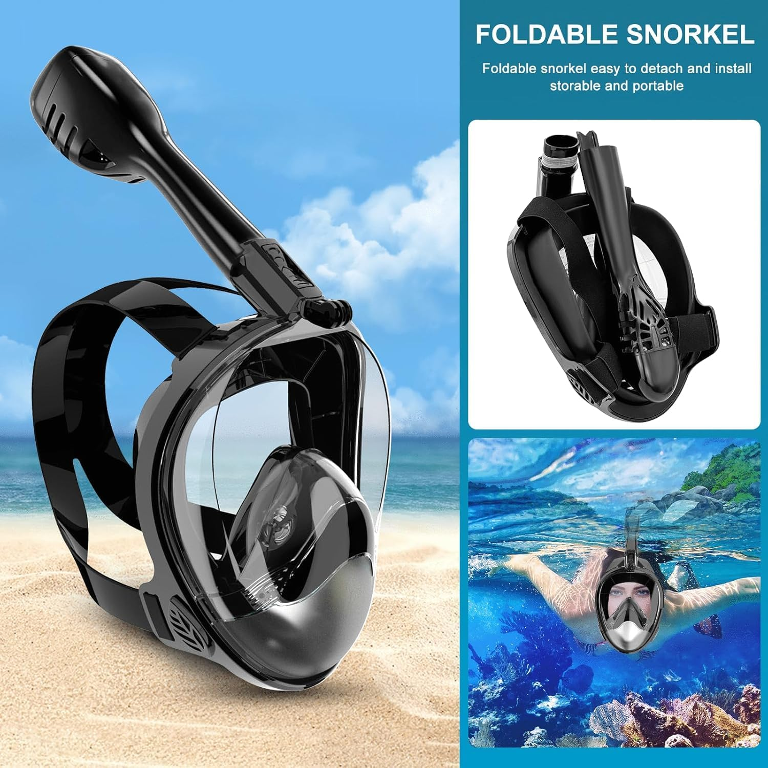 IGGDOQI 180&deg;Full Face Snorkel Mask, Diving Mask, Professional Snorkel Set, Perfect Snorkeling Gear for Adults Teen Kids with Camera Mount, Safe Free Breathing, anti Fog & Leak image number 3