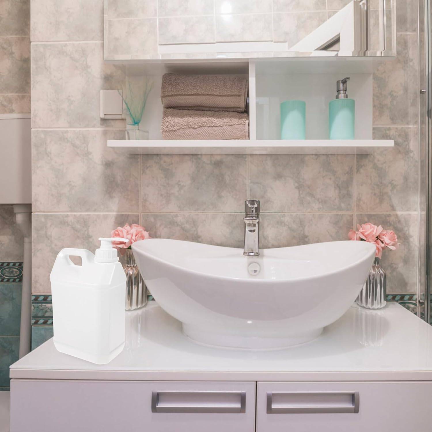 Sewroro Large Capacity 2.5L Refillable Pump Bottle for Cosmetics and Chemicals, White Plastic Dispenser Container with Leak-Proof Seal, Suitable for Bathroom and Personal Care Use image number 2