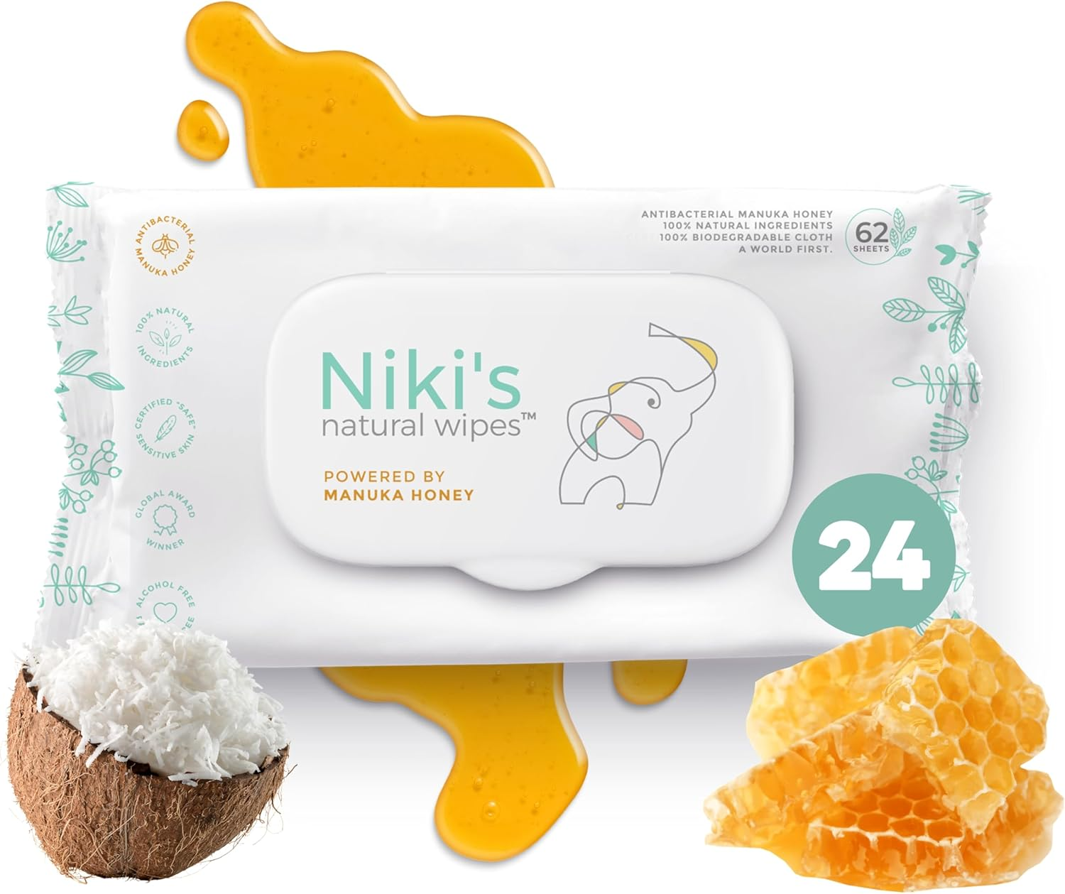 Niki'S Natural Baby Wipes | World'S First All Natural Baby Wipes with Manuka Honey and Coconut Oil | 1,488 Wipes (24 Pack X 62 Wipes) image number 2