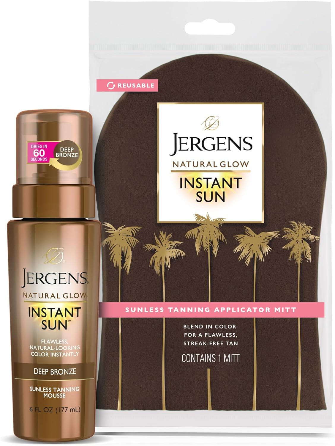 Jergens Natural Glow Instant Sun Body Mousse, Self Tanner for Ultra Deep Bronze Tan, Sunless Tanning Body Bronzer, Natural Looking Fake Tan, 6 Oz, Pack of 2