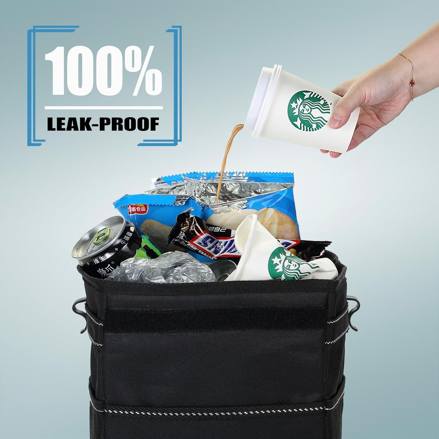 K KNODEL Car Trash Can, Waterproof Car Bin with Lid, Auto Garbage Bag Hanging, Leak-Proof Car Storage Bag (Black, Large)