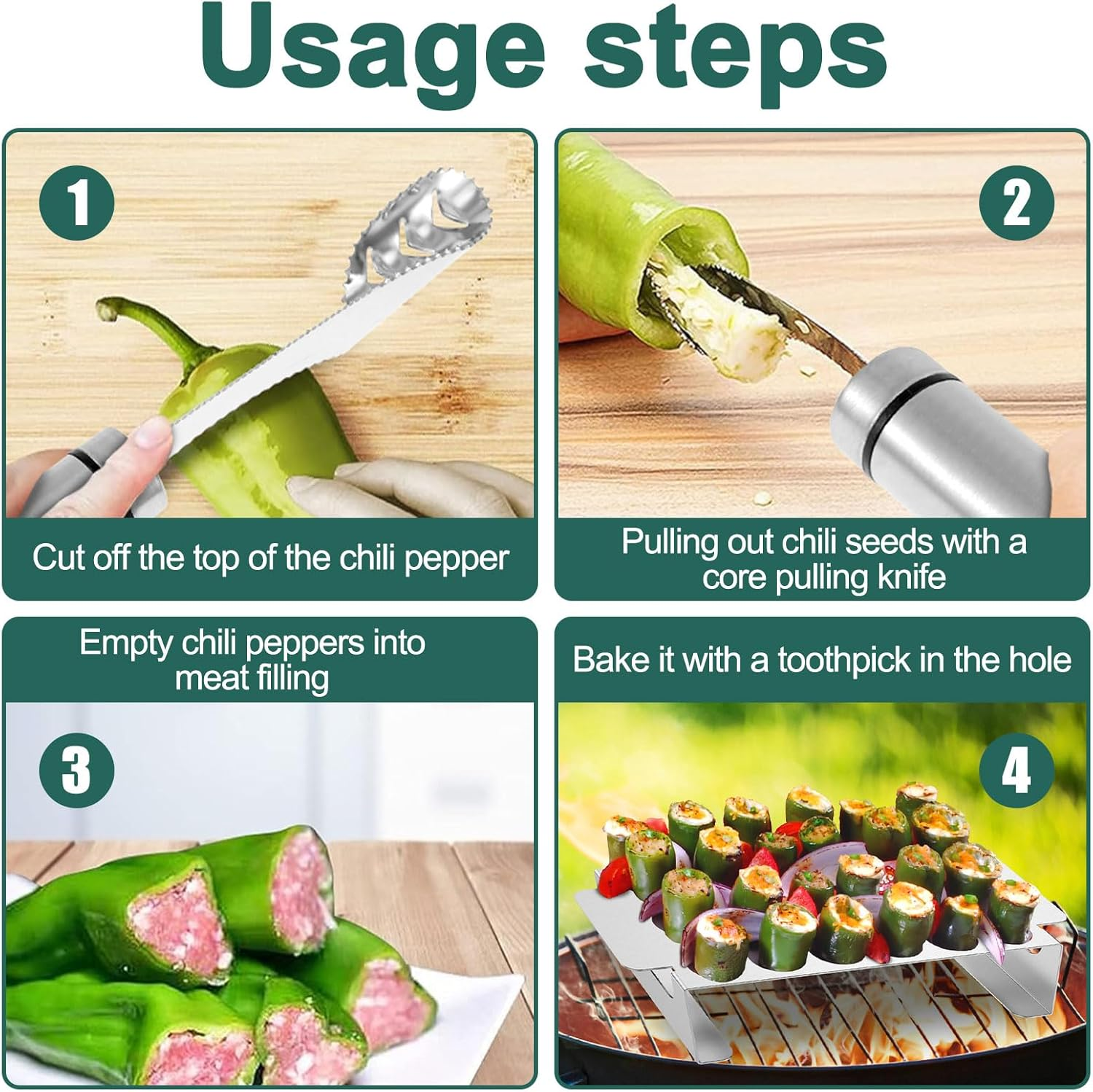 Abizarch 2Pcs Jalapeno Grill Rack with Pepper Corer Tool 18 Holes Pepper Grilling Rack Stainless Steel Chili Roasting Rack Rustproof Dishwasher Safe BBQ Pepper Holder for BBQ Pepper Chilli Chicken Win image number 1