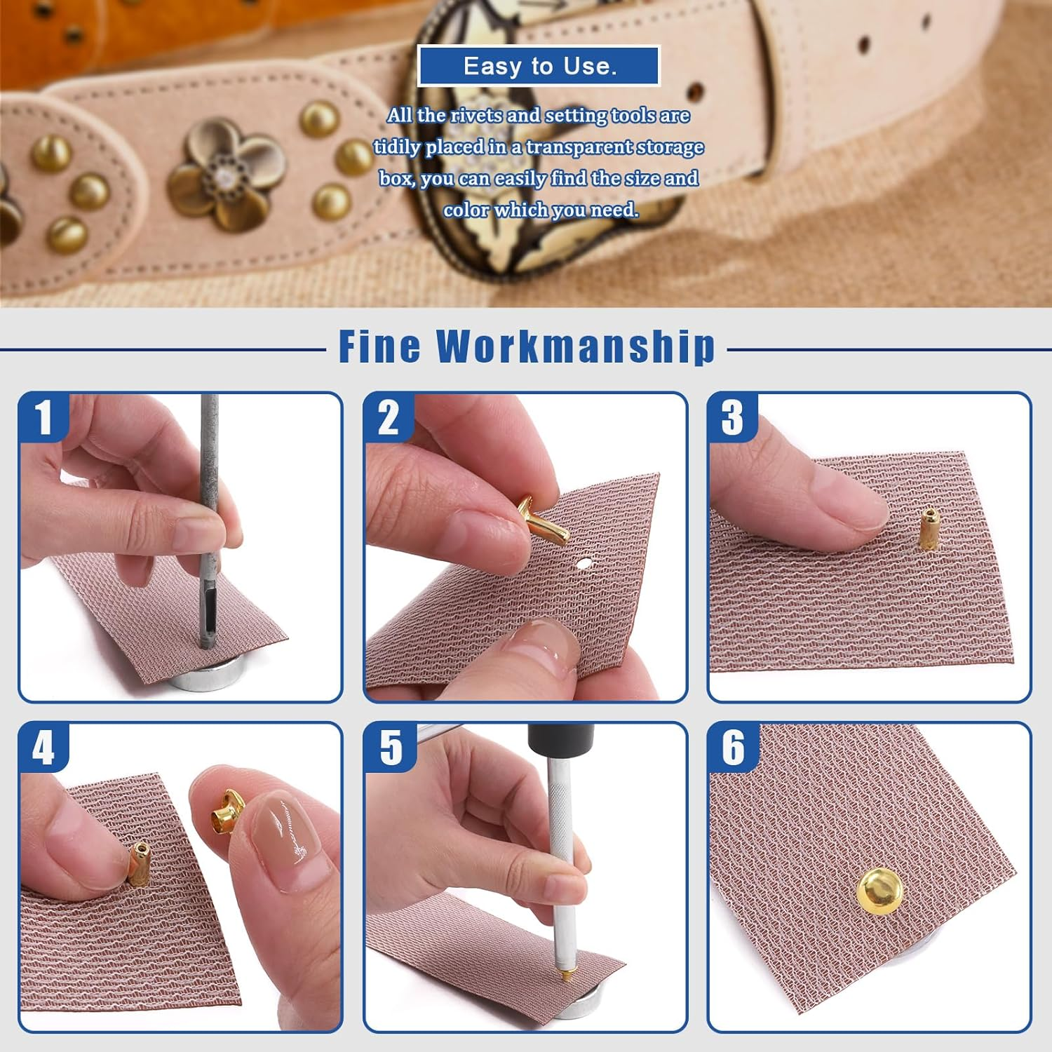 Glarks 600 Sets Leather Rivets with 3Pcs Setting Tool Kit, 4 Colors 3 Sizes Double Cap Rivets Tubular Metal Studs Leathercraft Rivets for Bags Clothing Shoes Leather Craft - 360 Sets + Hammer image number 3