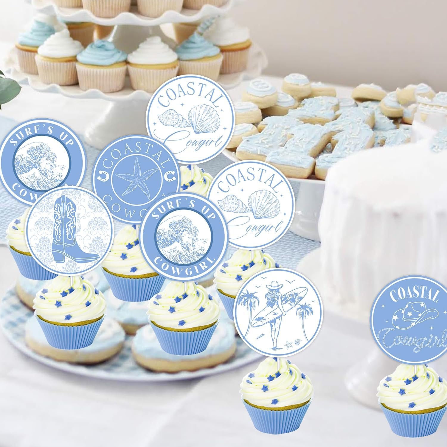 36Pcs Coastal Cowgirl Bachelorette Cupcake Toppers Nautical Bridal Shower Decorations Blue Boots Hats Shells Palm Cake Decorations for Cowgirl Bachelorette Engagement Bridal Shower Party Supplies image number 6