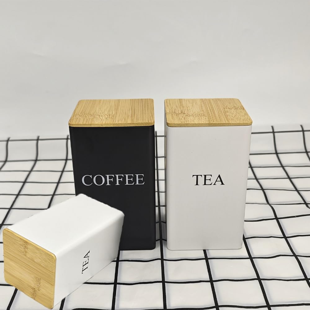 3 Pcs Coffee Tea Sugar Container Set, 1000 Ml Vintage Kitchen Canister Set with Bamboo Lids, Metal Food Storage Container Jars for Kitchen Counter, Farmhouse Kitchen Decor (Black) image number 2