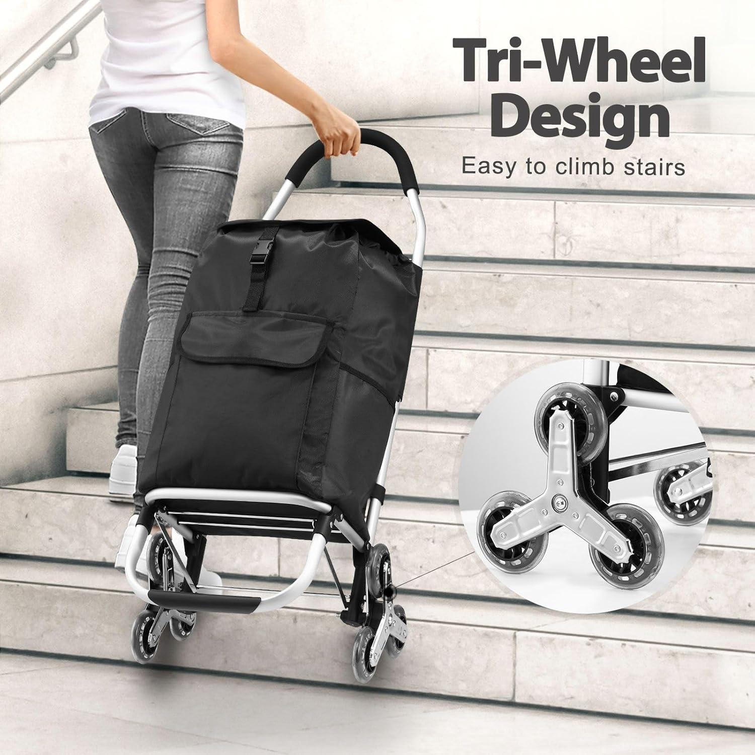 Folding Shopping Trolley with Stair Climbing Wheels Shopping Cart Aluminium Waterproof Foldable Grocery Cart Market Shopping Bag Utility Cart 45L image number 6