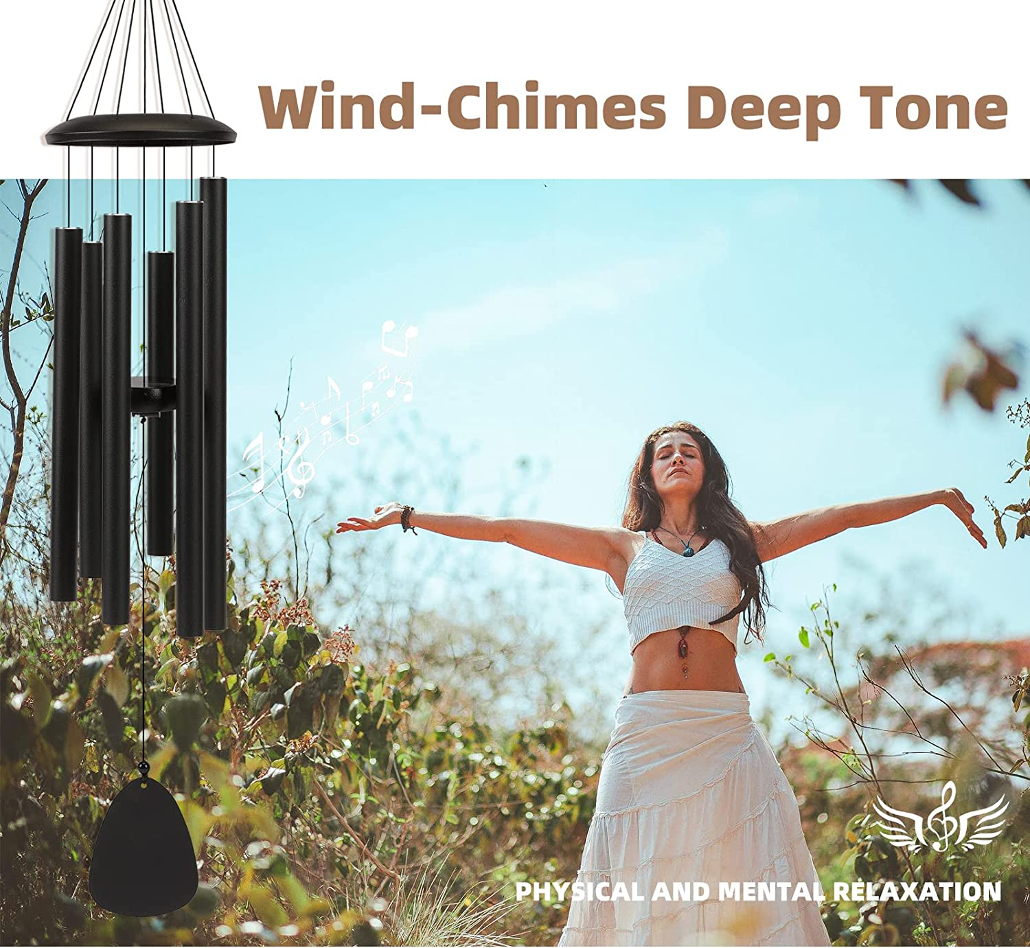 FSVGYY Wind-Chimes-Outdoor-Large-Decor, Deep Tone Soothing Melodic Tones Windchimes, Wind Chimes for Outside, Memorial Wind Chimes Best Gift for Mom Women Grandma Neighbors（32" Black Coated Aluminum） image number 5