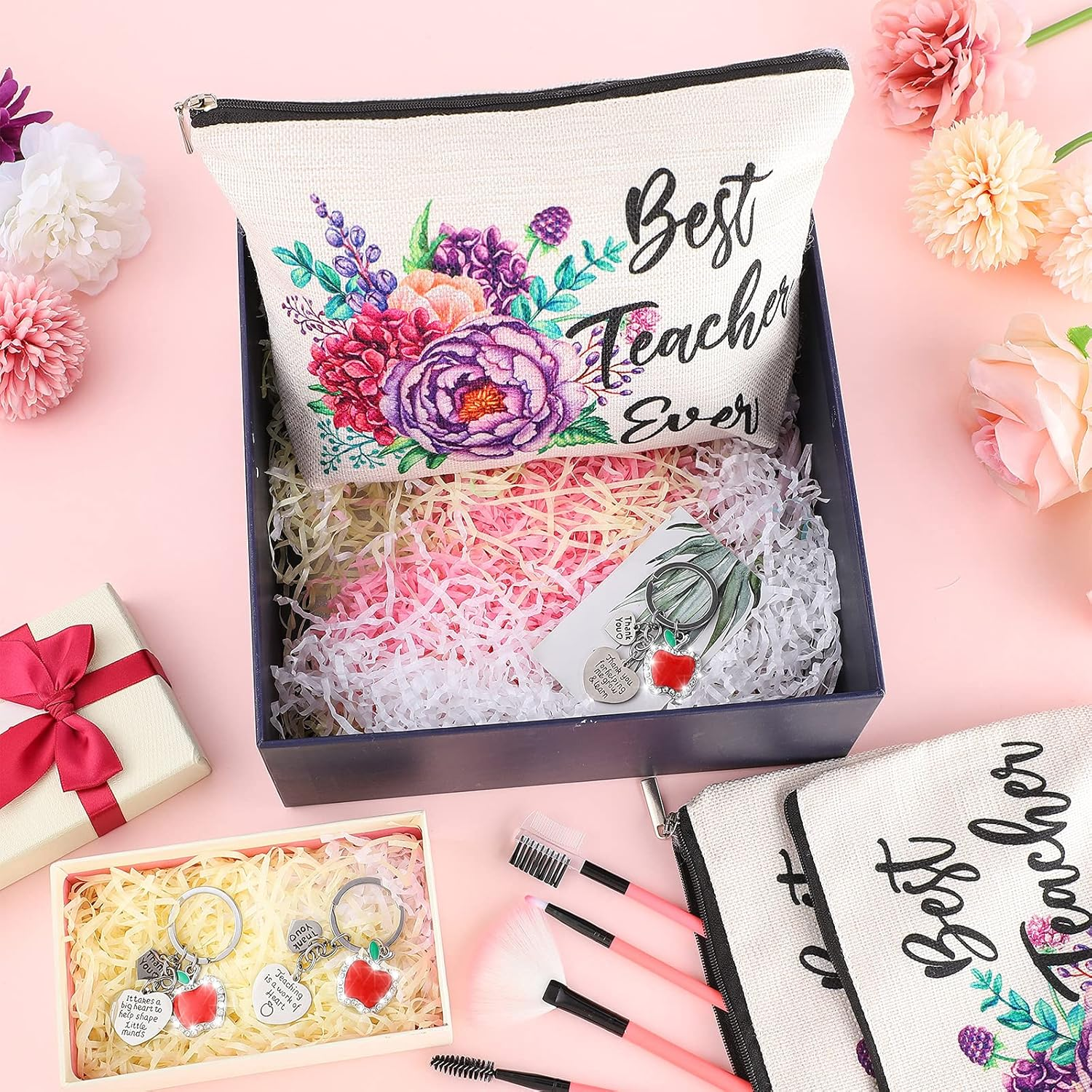 DDPOND 6 Pack Teacher Appreciation Gifts for Women Bulk Christmas Teacher Gifts 3 Pcs Zipper Cosmetic Bags Canvas Makeup Pouch 3 Pcs Thank You Keychains Xmas Birthday Present(Book Style) - Book Style image number 6