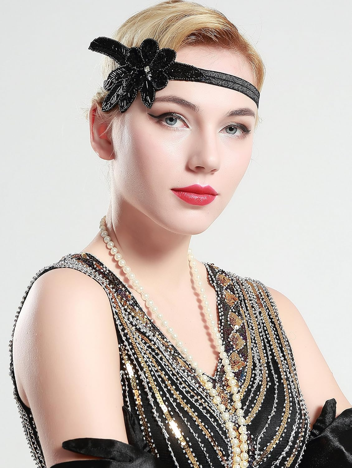BABEYOND Women'S Flapper Headband Black 1920S Gatsby Headpiece Crystal Beaded Headband for Girls (Black)(Size: One Size) image number 6