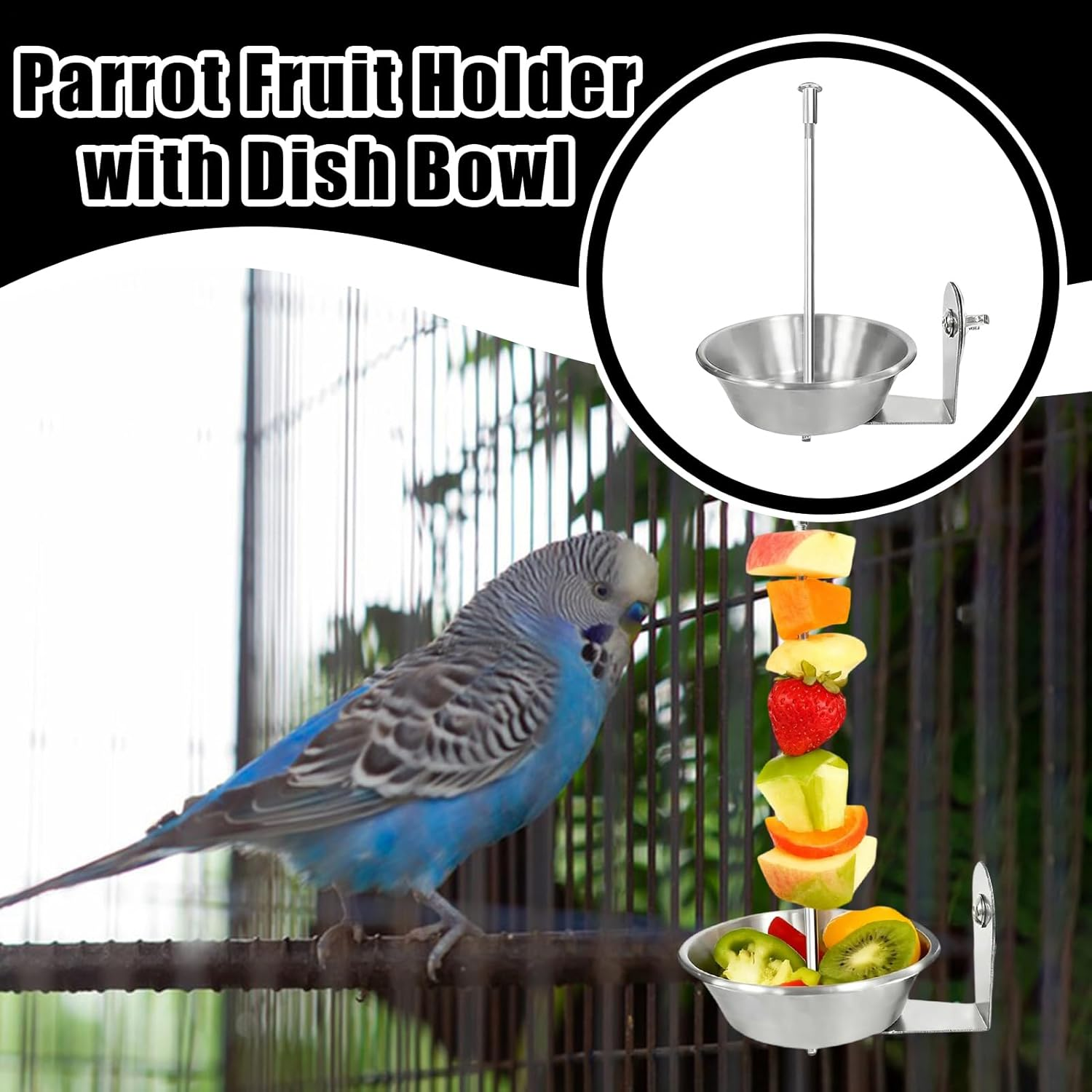 Bird Feeder for Cage, No-Clutter Food Holder, Stainless Cockatiel Feeder, for Parakeet Parrot Fruit Vegetable Pet Crate Pole outside Backyard Indoor image number 5