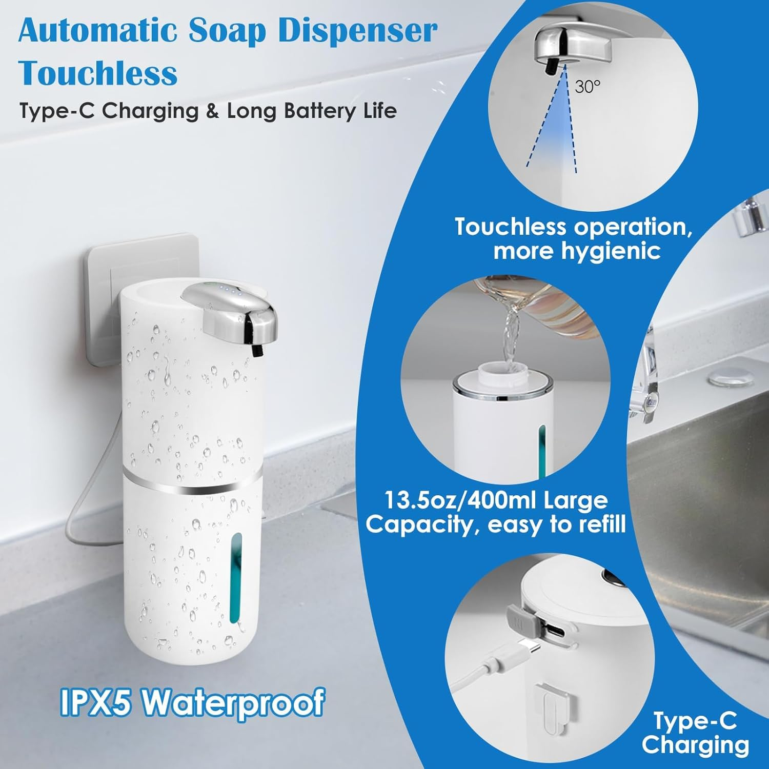 Automatic Soap Dispenser, Wall Mounted 4-Level Adjustable Foaming Hand Soap Dispenser, Rechargeable Bathroom Foam Soap Dispenser, Electric Touchless Kitchen Soap Dispenser image number 1