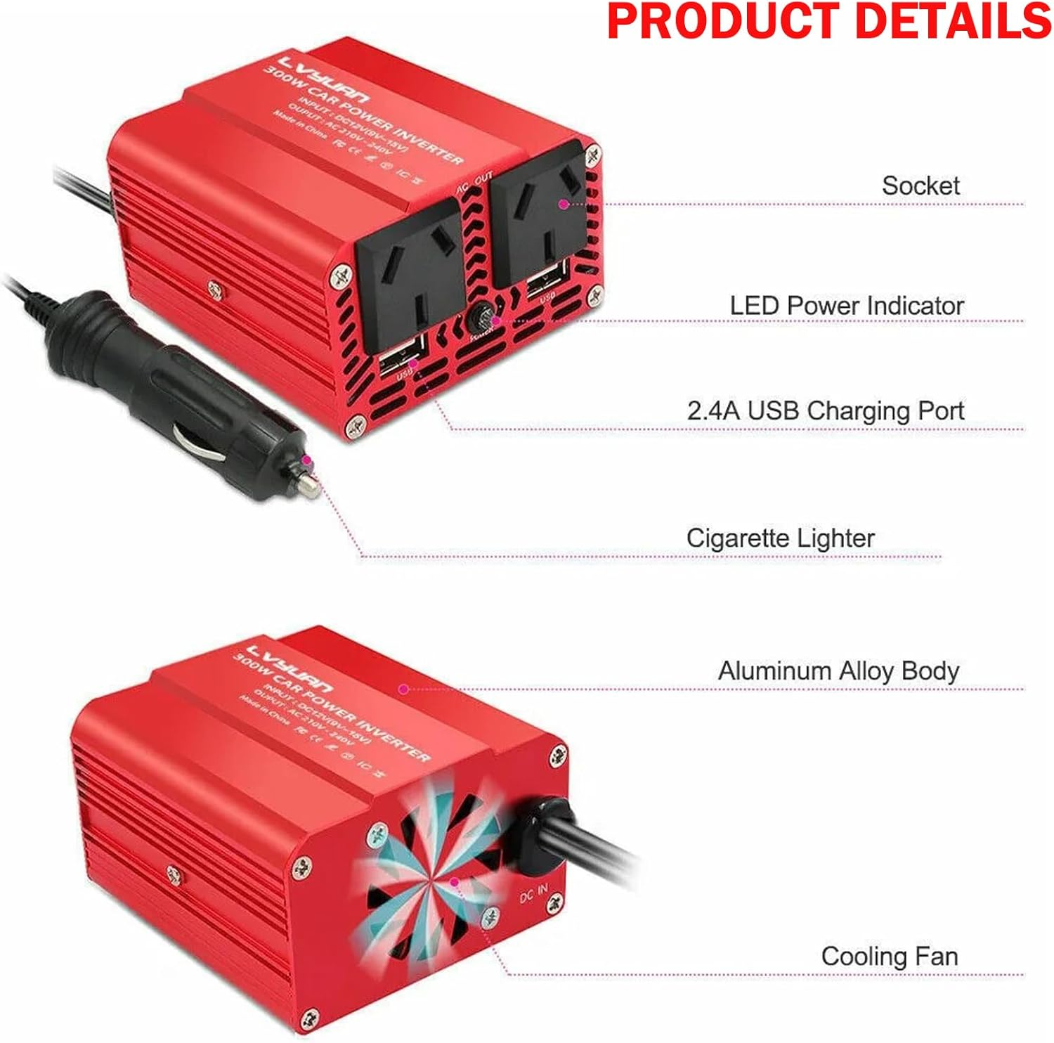 300W Car Power Inverter, 12V DC to 240V AC Car Charger with Dual Standard AU Plug Socket and 8A Dual USB Car Pluɡ Adapter for Caravan, Truck, Vehicles, Truck, Camper, Car Devices image number 3