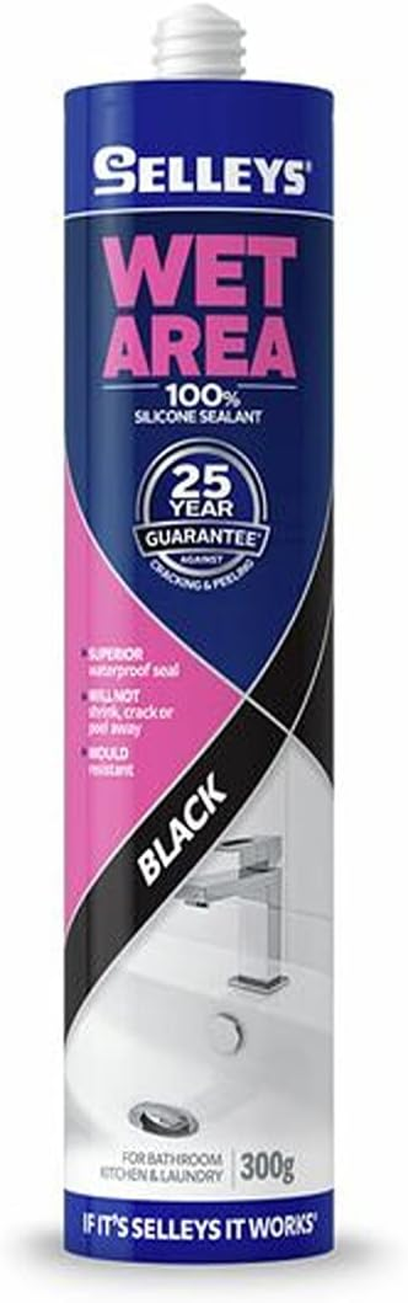 Selleys Wet Area 100237 Waterproof Silicone Sealant, Black, 300 G