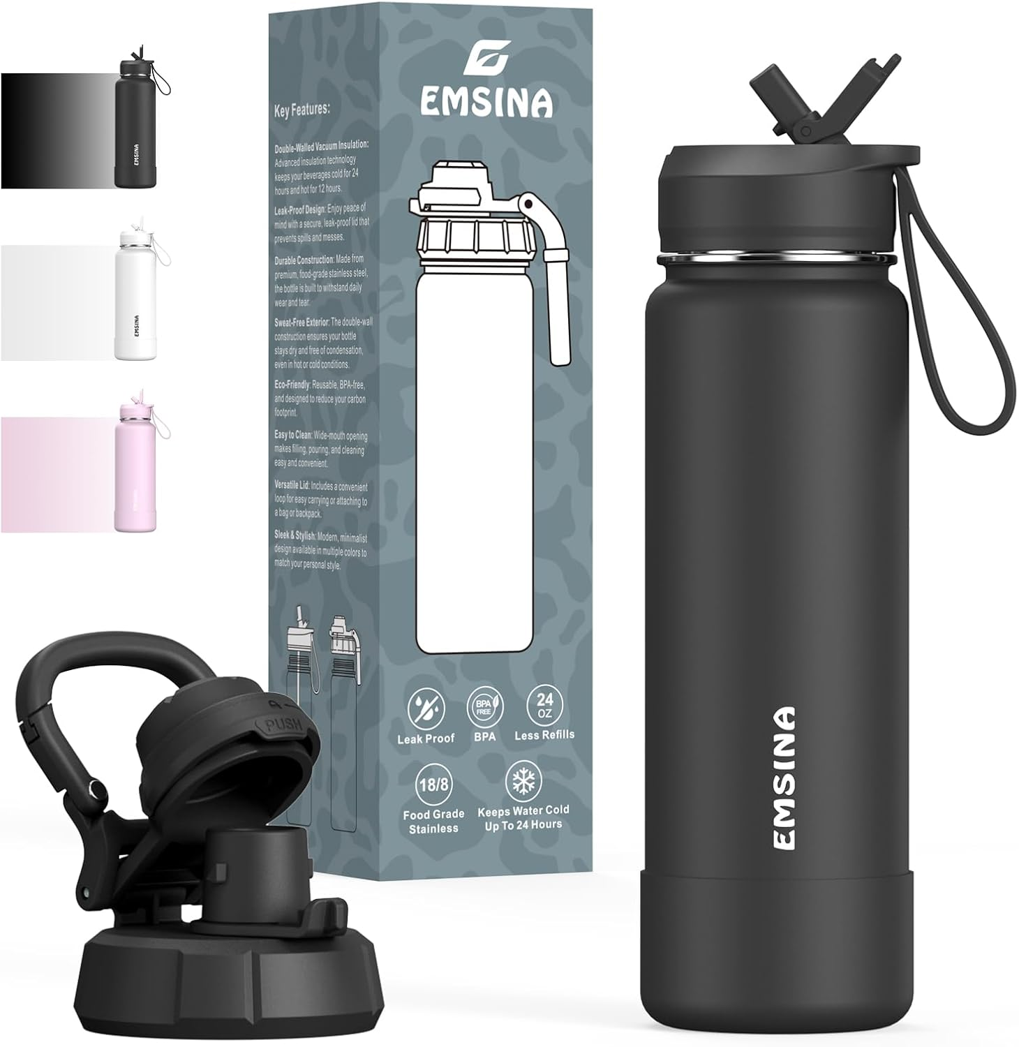 Emsina 1 Pack Insulated Water Bottle with Straw,24Oz/710Ml Stainless Steel Drinking Bottle,Leakproof Travel Cup with 2 Lids (Straw & Locking Chug Lid),Bpa-Free Sports Flask,Pink