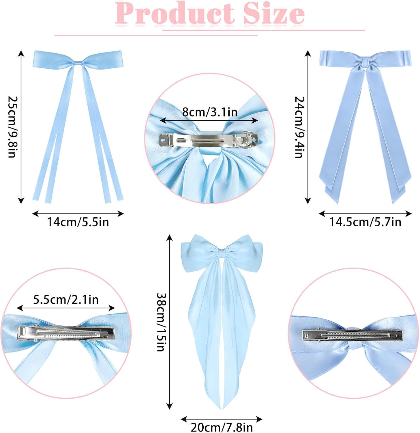 OT-NVWOZR Pack of 12 Hair Clips Bow for Women, Satin Hair Bows with Long Tail, 3 Styles Silky Bows Hair Clips Metal Girls Hair Accessories Women image number 3
