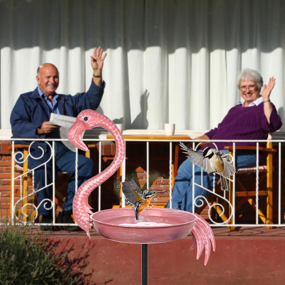 Pink Flamingo Bird Baths for Outdor, 12 Dia Metal Bird Bath Bowl with 5 Prongs Ground Stake, Rustproof Birdbaths for Garden, Yards Lawn Patio, Bird Lovers Gift image number 6