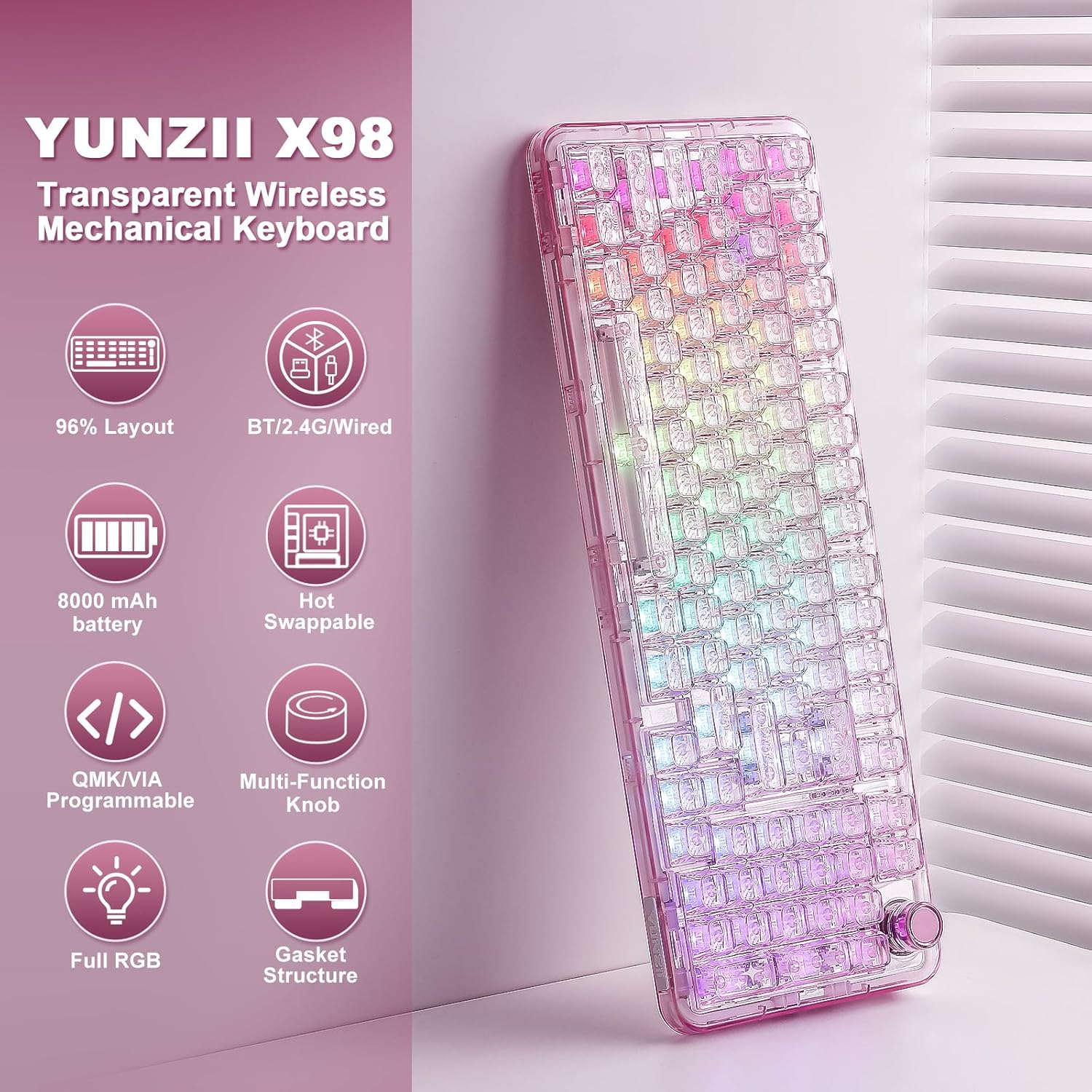 YUNZII X98 QMK/VIA Wireless Mechanical Gaming Keyboard with Knob,Tri-Mode Bt5.0/Usb-C/2.4Ghz Hot Swappable Keyboard,Pre-Lubed Switches Gasket Mount RGB Backlit for Wins/Mac (Pink, Snow Switch) image number 3