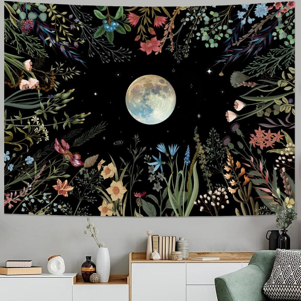 Moonlit Garden Tapestry Boho Moon Tapestry Floral Flower Tapestries Colorful Plants Tapestries Black Wall Hanging Decor for Home image number 6