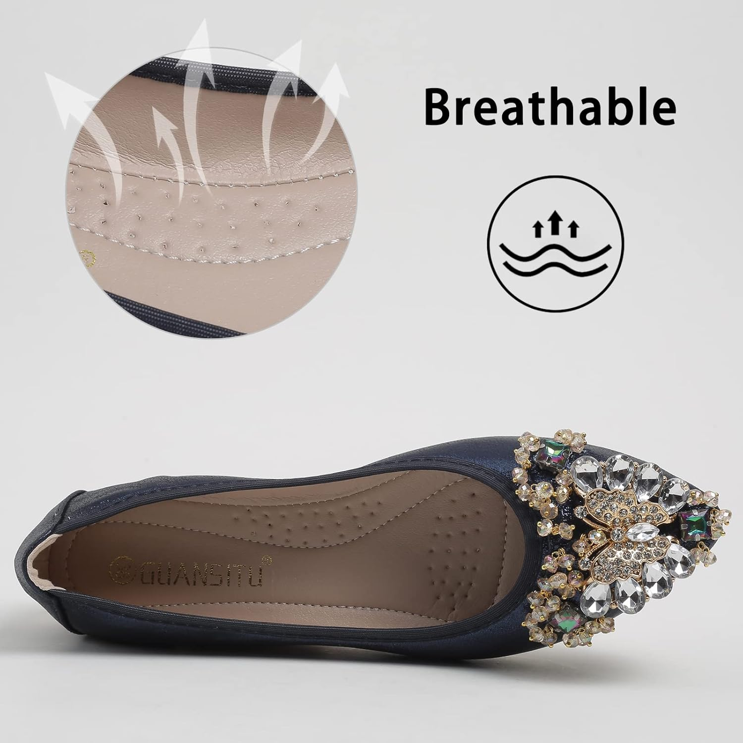 Women'S Ballet Flat Shoes - Cute Rhinestones Bow Wedding Flats Slip on Flats for Women Comfortable image number 2