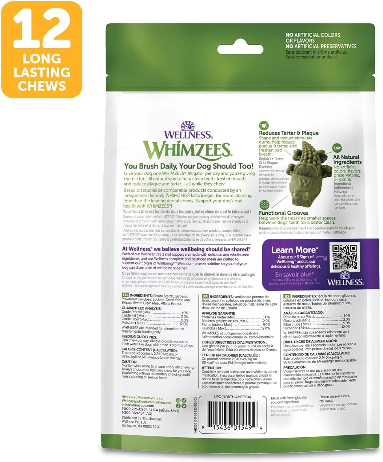 Whimzees Wellness Alligator Dog Dental Treats, Natural Chews, Medium Size, (12 Count) image number 2